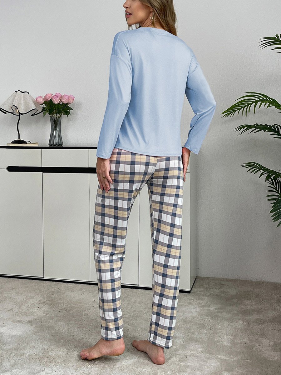 Blue Solid T-Shirt and Checked Pyjama Set