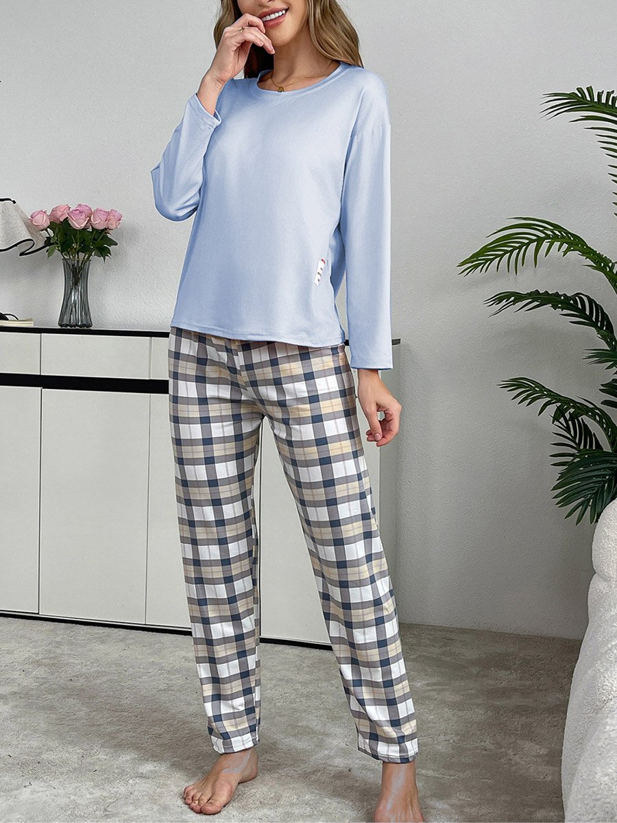 Blue Solid T-Shirt and Checked Pyjama Set