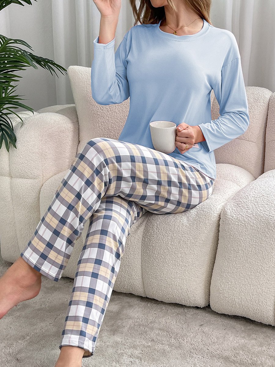 Blue Solid T-Shirt and Checked Pyjama Set