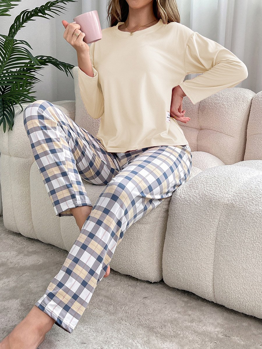 Cream Solid T-Shirt and Checked Pyjama Set