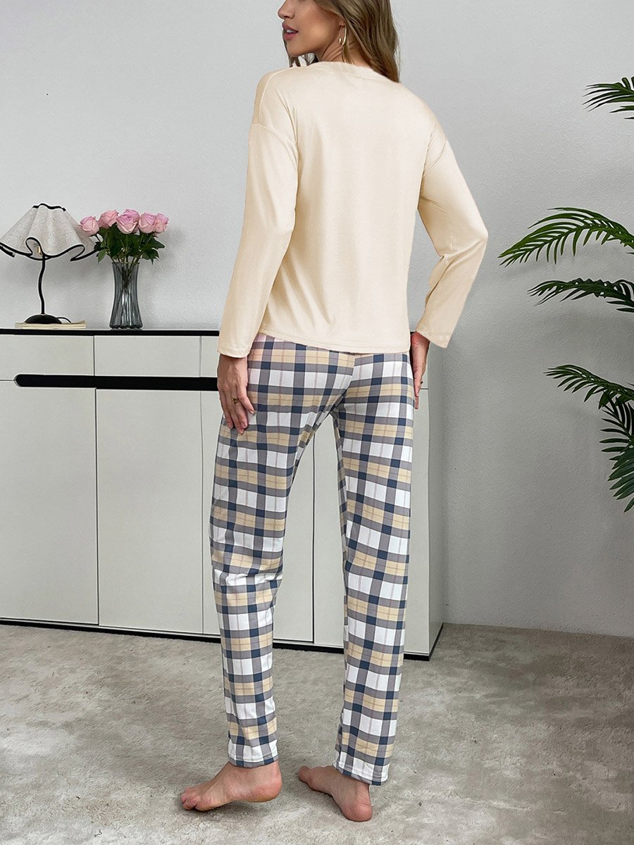 Cream Solid T-Shirt and Checked Pyjama Set