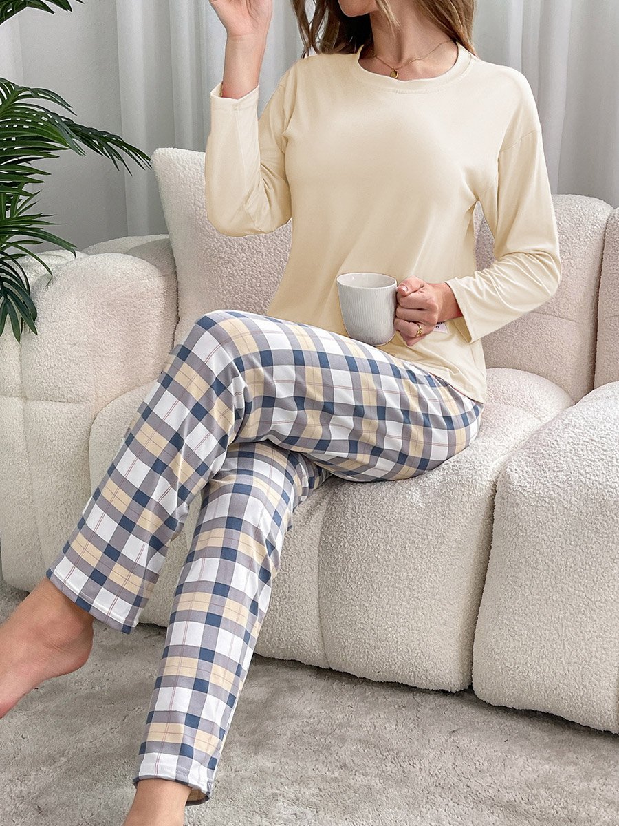 Cream Solid T-Shirt and Checked Pyjama Set