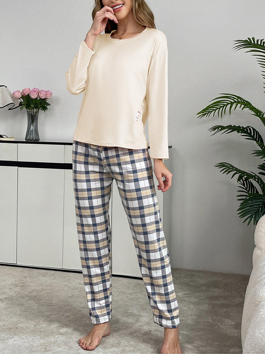 Cream Solid T-Shirt and Checked Pyjama Set
