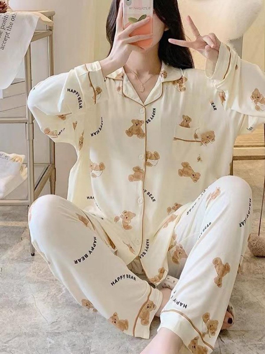 Women Bear Graphic Print Shirt and Pyjama Set
