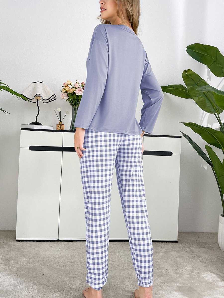 Purple Plain T-Shirt and Checked Pyjama Set
