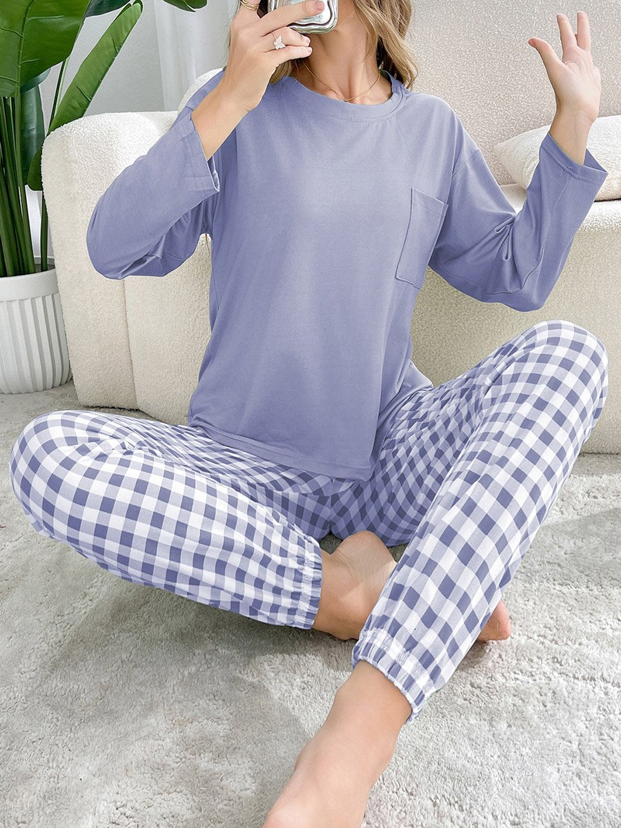 Purple Plain T-Shirt and Checked Pyjama Set