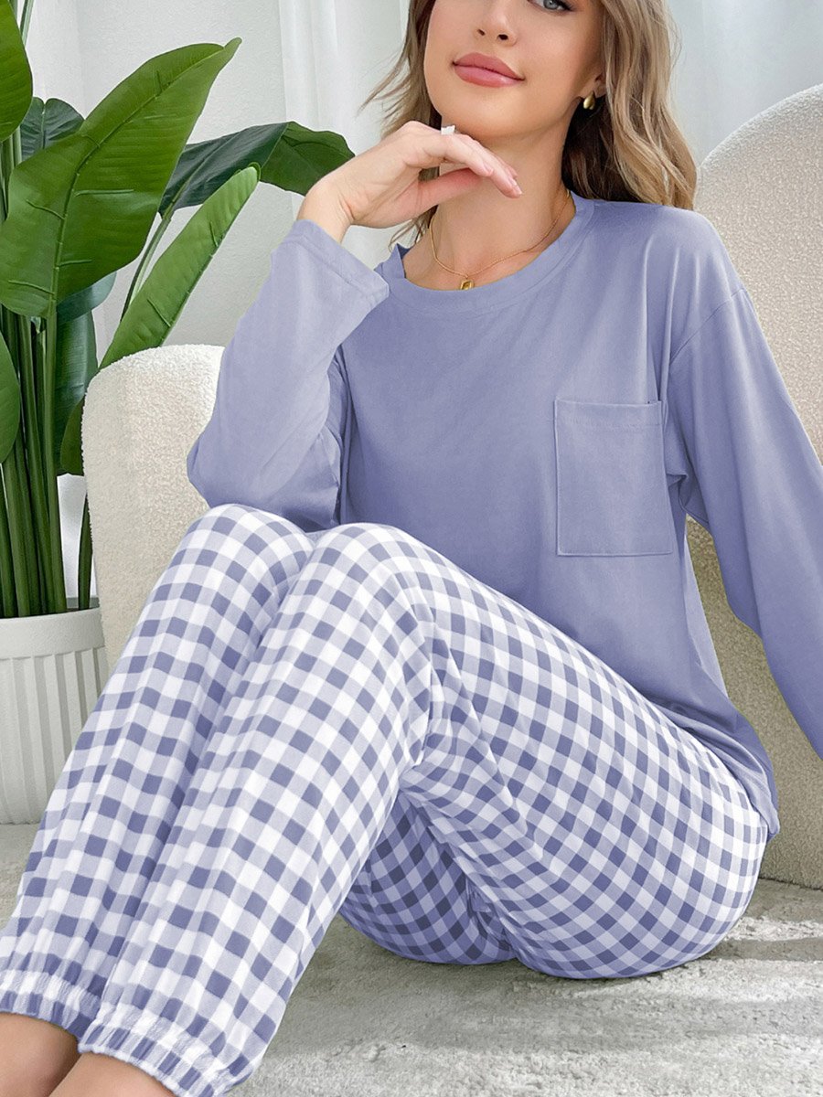 Purple Plain T-Shirt and Checked Pyjama Set