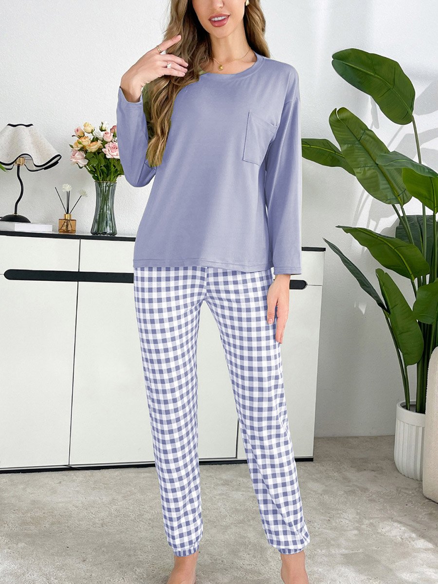 Purple Plain T-Shirt and Checked Pyjama Set