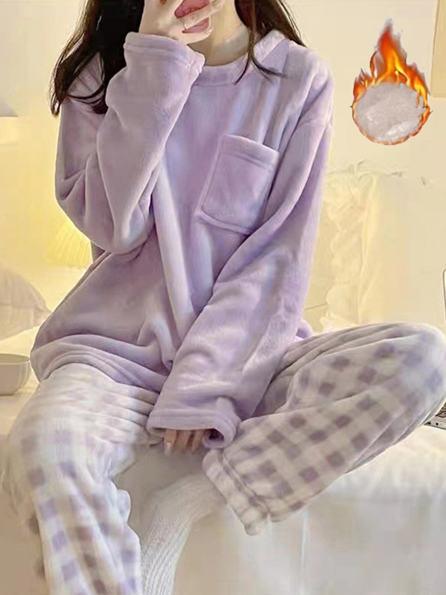 Purple Flano Pocket Detail Top and Checked Pyjama Set