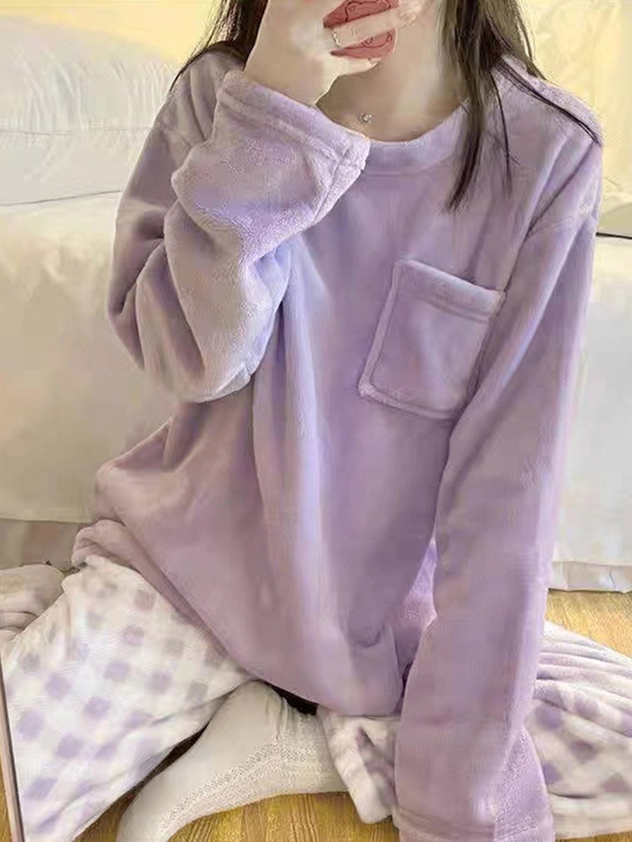 Purple Flano Pocket Detail Top and Checked Pyjama Set