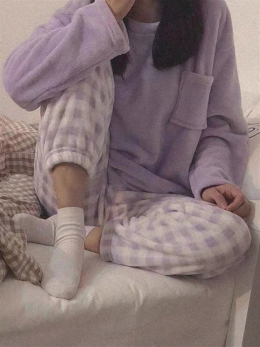 Purple Flano Pocket Detail Top and Checked Pyjama Set
