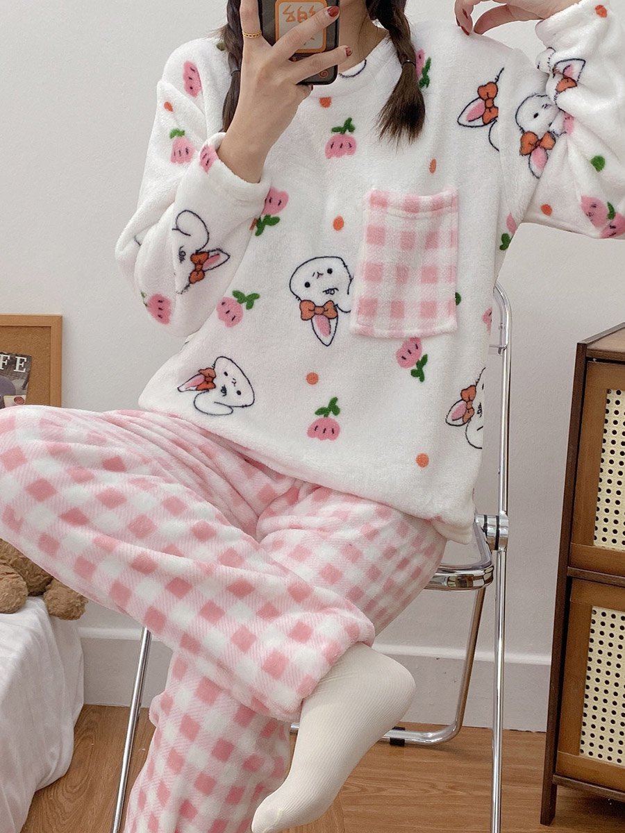 Women Flano Pocket Detail Top and Checked Pyjama Set