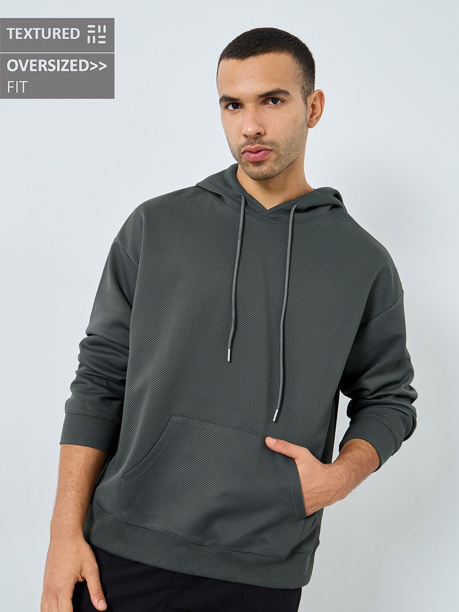 Charcoal Textured Knit Oversized Hoodie