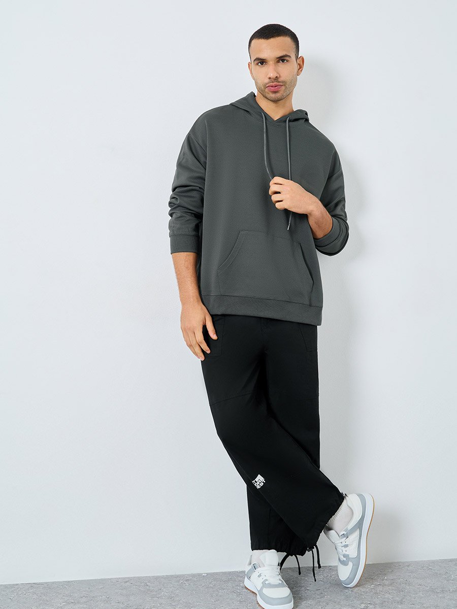 Charcoal Textured Knit Oversized Hoodie
