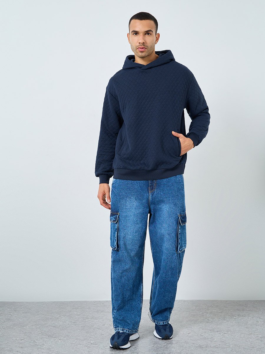 Men Navy Quilted Look Oversized Hoodie