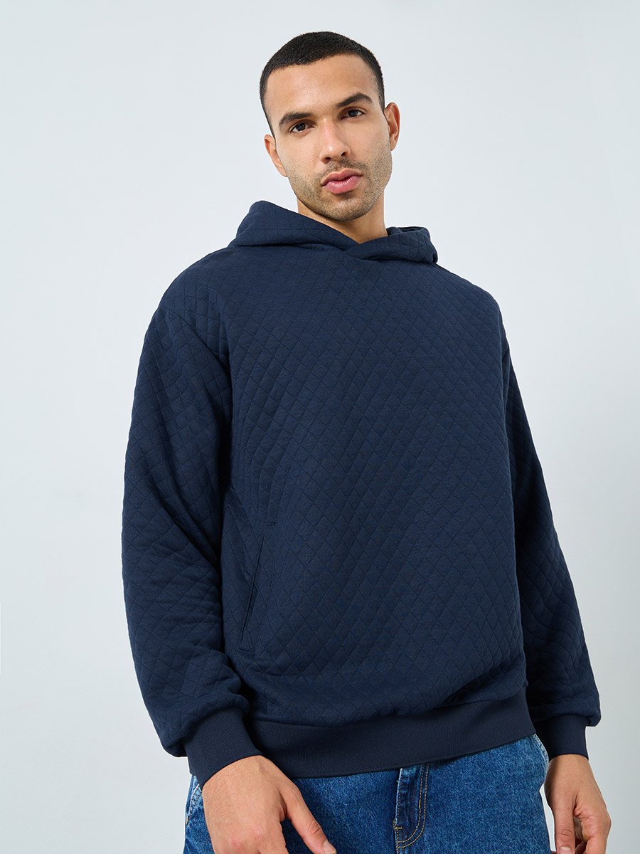 Men Navy Quilted Look Oversized Hoodie