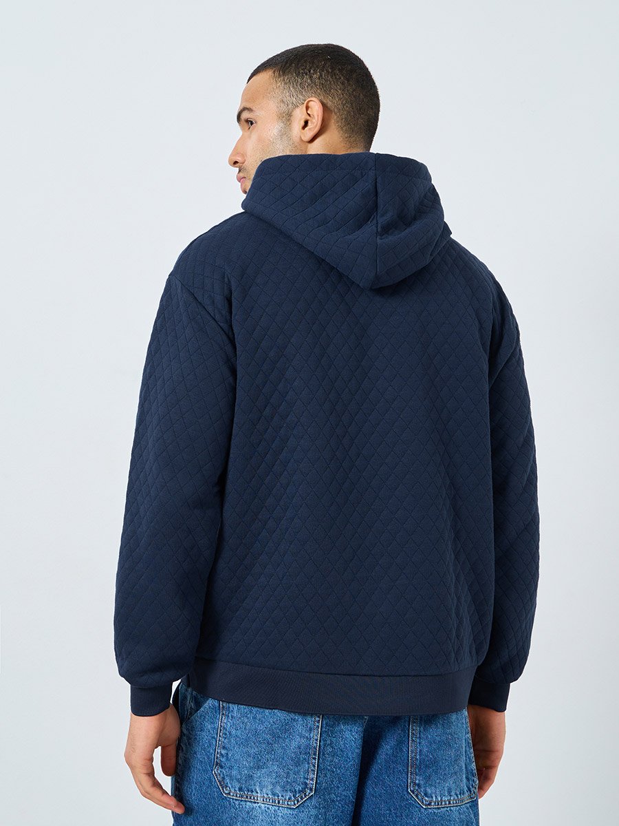 Men Navy Quilted Look Oversized Hoodie