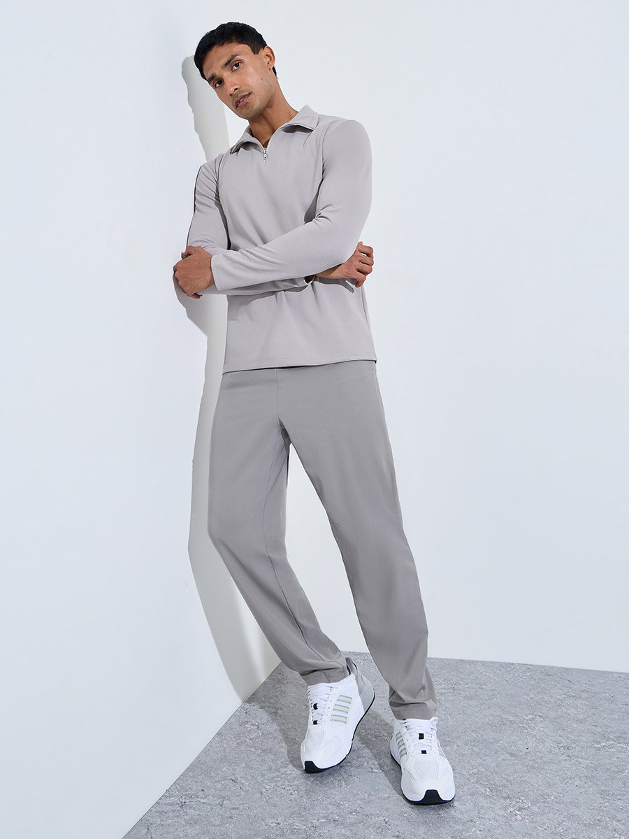 Men Grey Textured Quarter Zip Sweatshirt