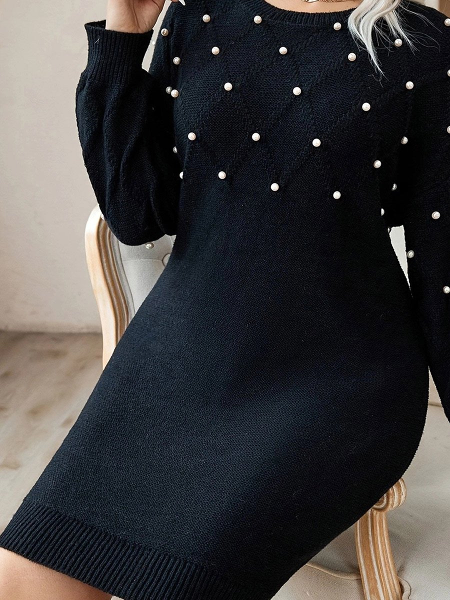 Plus Size Faux Pearl Decor Knit Mini Dress