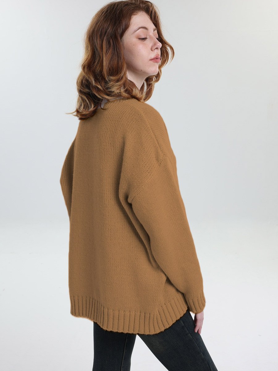 Plus Size Brown Pocket Detail Knit Sweater