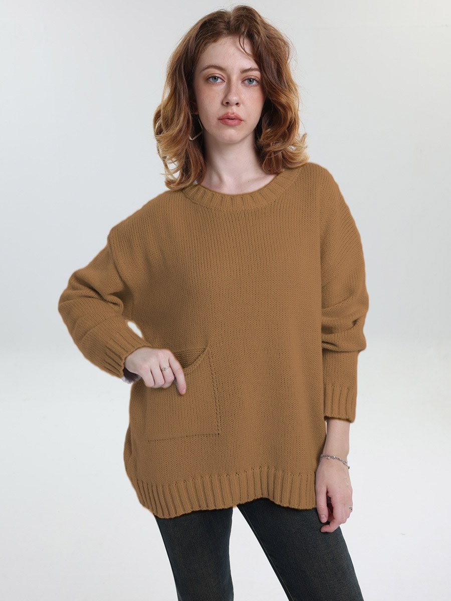 Plus Size Brown Pocket Detail Knit Sweater