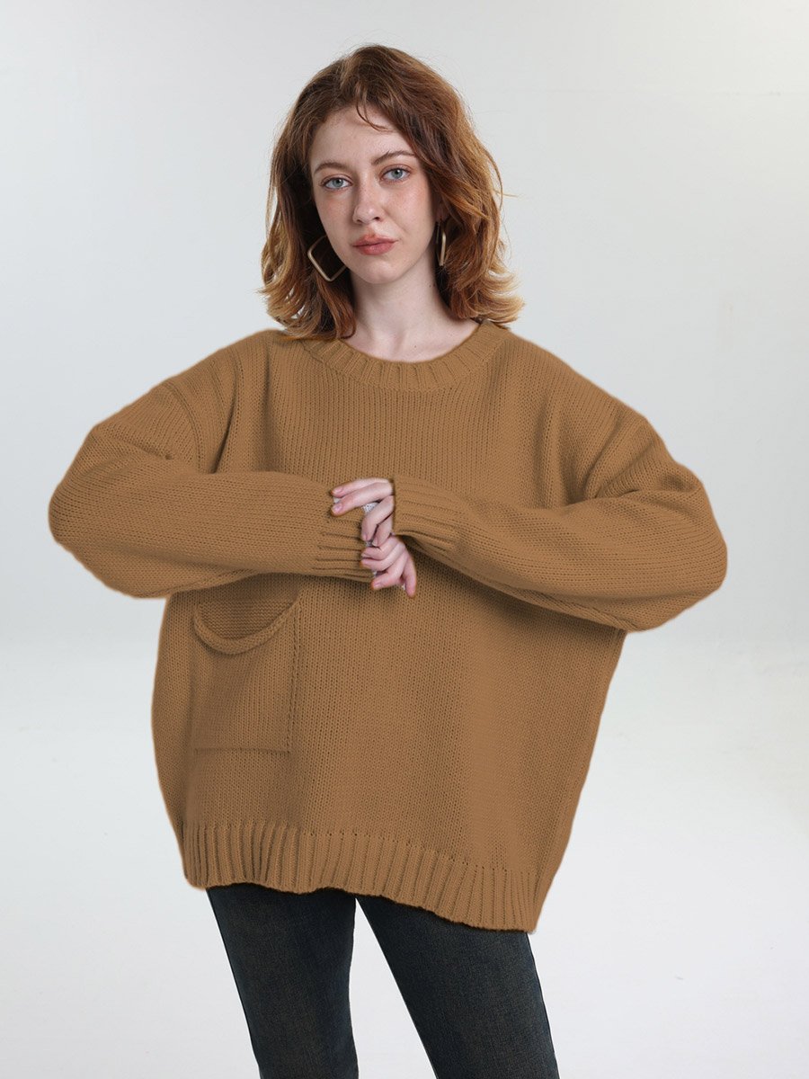 Plus Size Brown Pocket Detail Knit Sweater