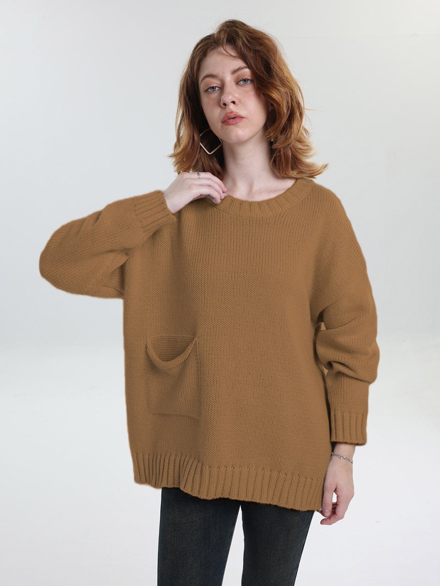 Plus Size Brown Pocket Detail Knit Sweater