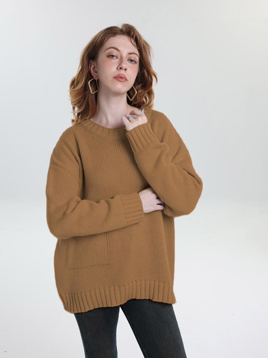 Plus Size Brown Pocket Detail Knit Sweater