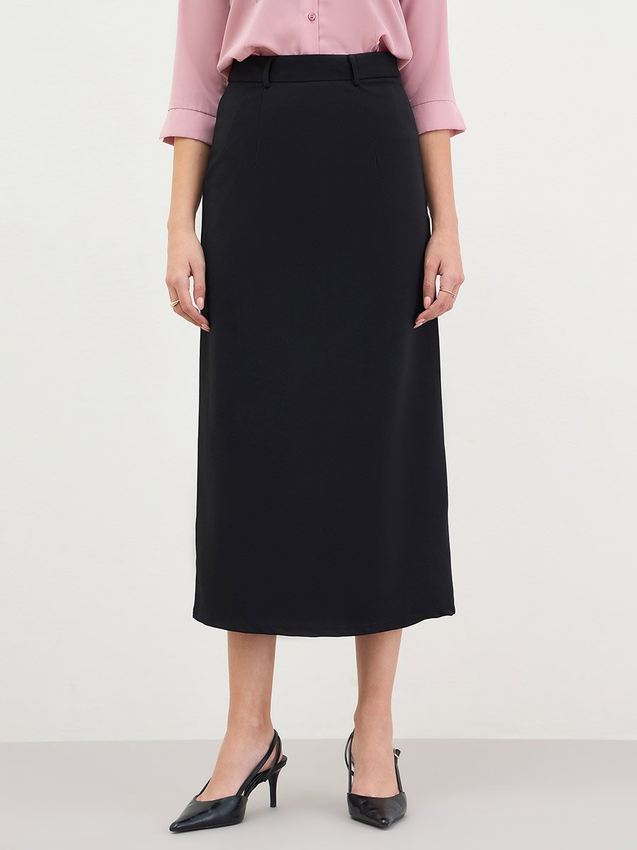 Women Black Tailored Midi Skirt