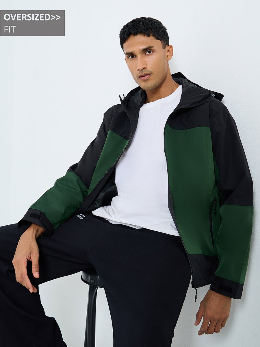 Men Oversized Color Block Hooded Jacket