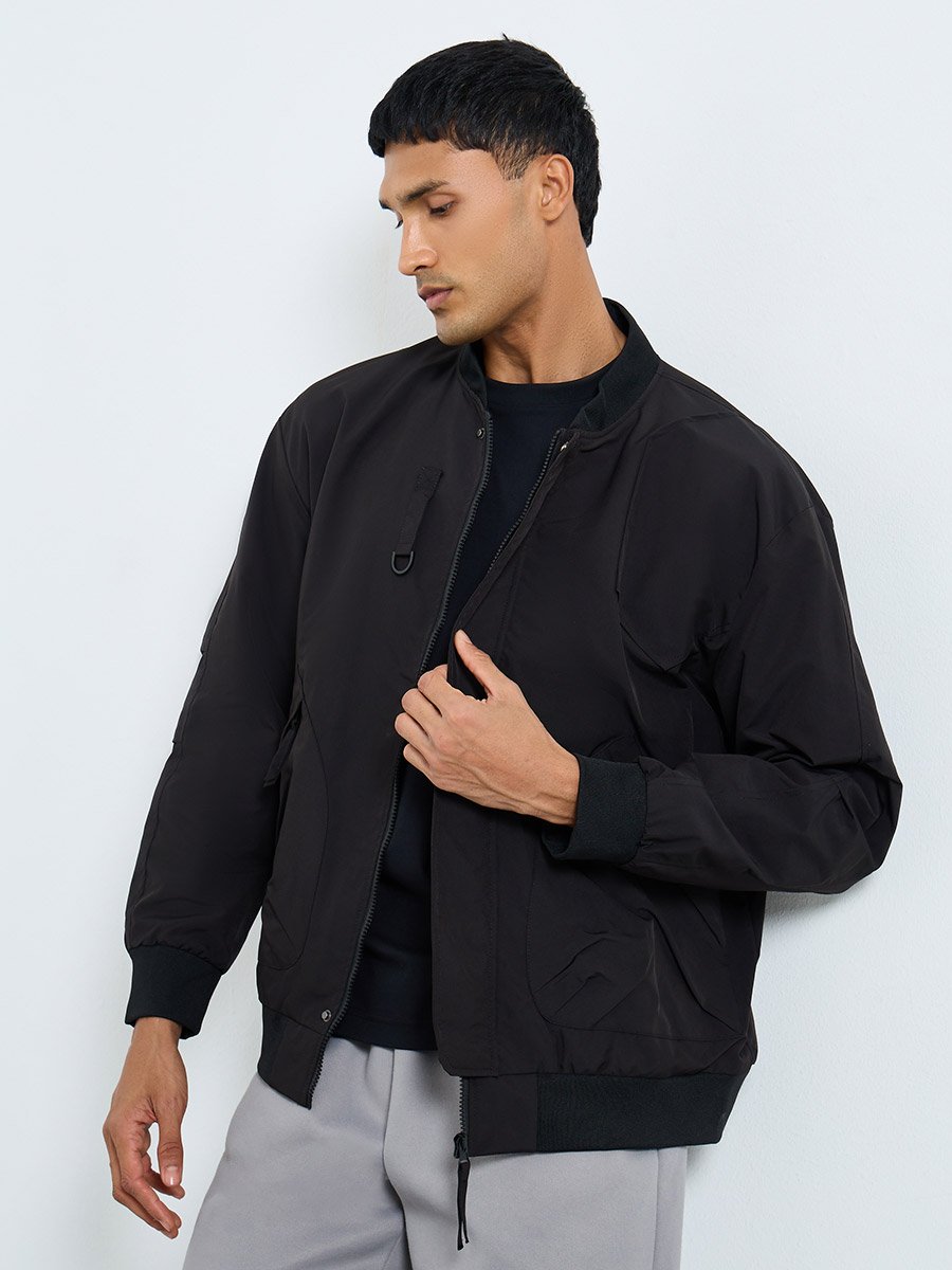 Men Black Solid Bomber Jacket