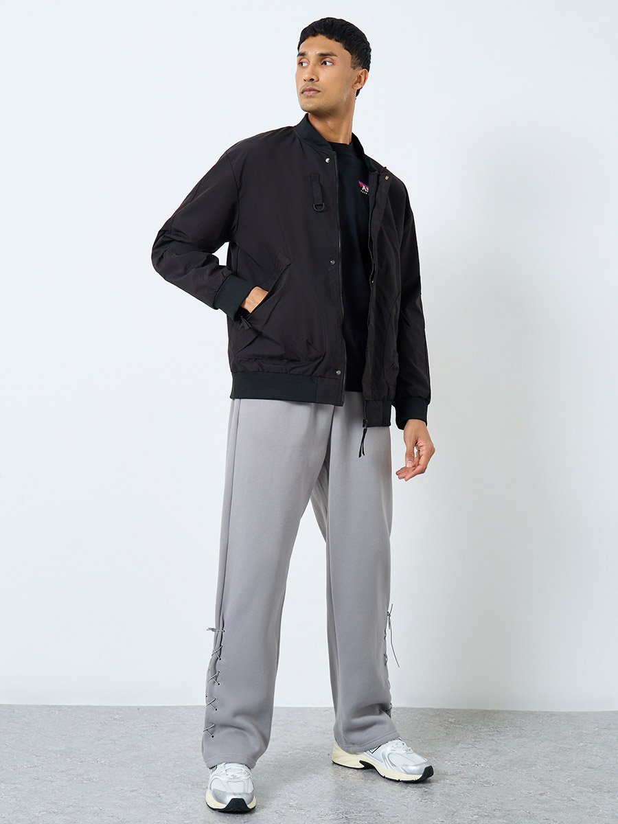 Men Black Solid Bomber Jacket