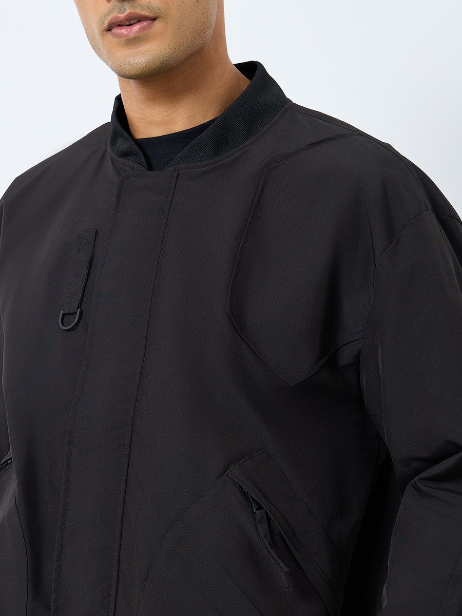 Men Black Solid Bomber Jacket