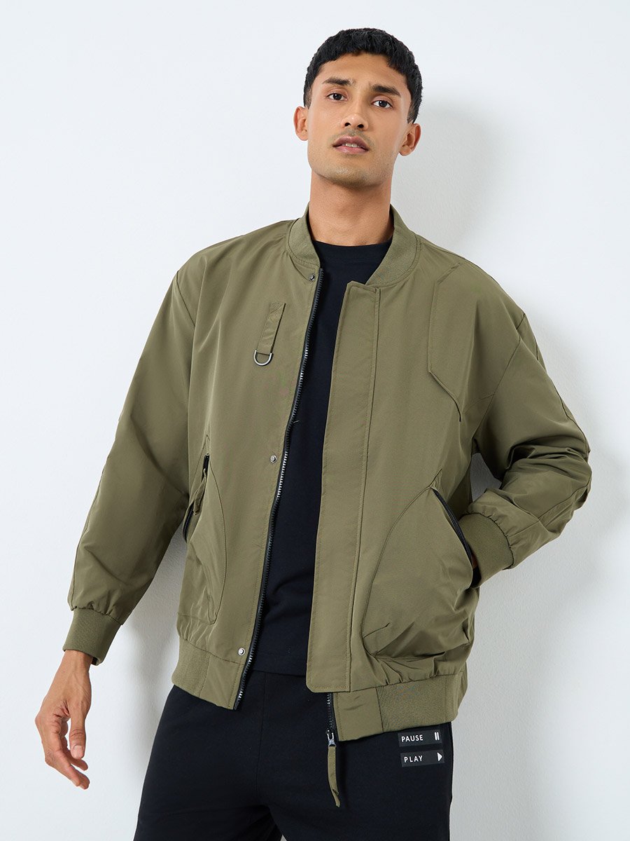 Men Olive Solid Bomber Jacket