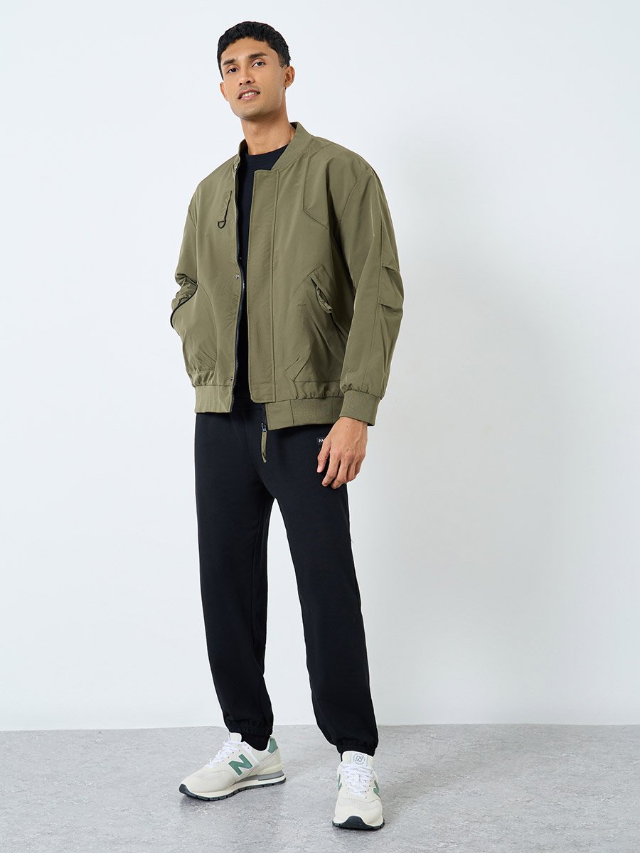 Men Olive Solid Bomber Jacket