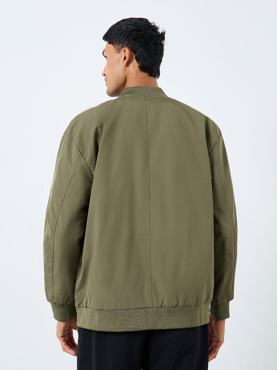 Men Olive Solid Bomber Jacket