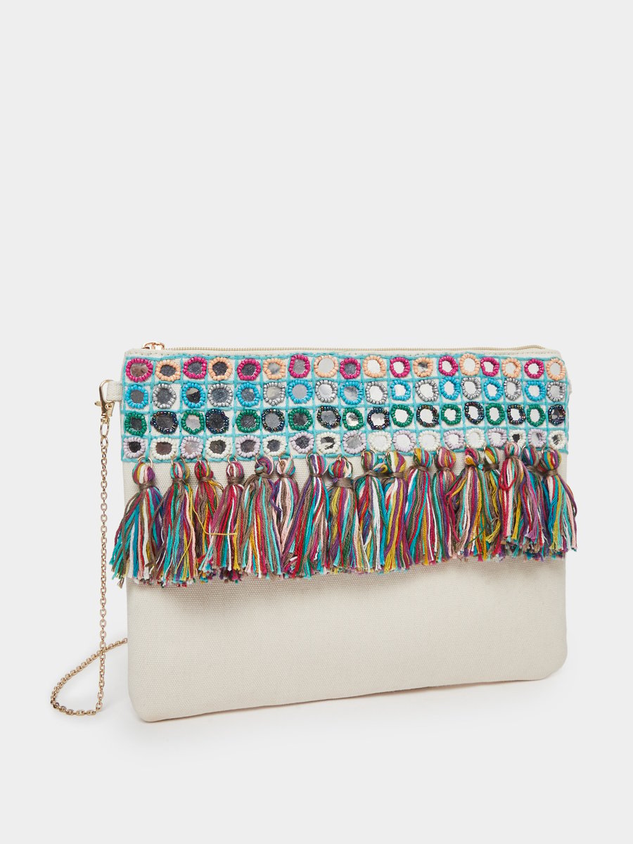 Embroidered Cotton Clutch with Tassels