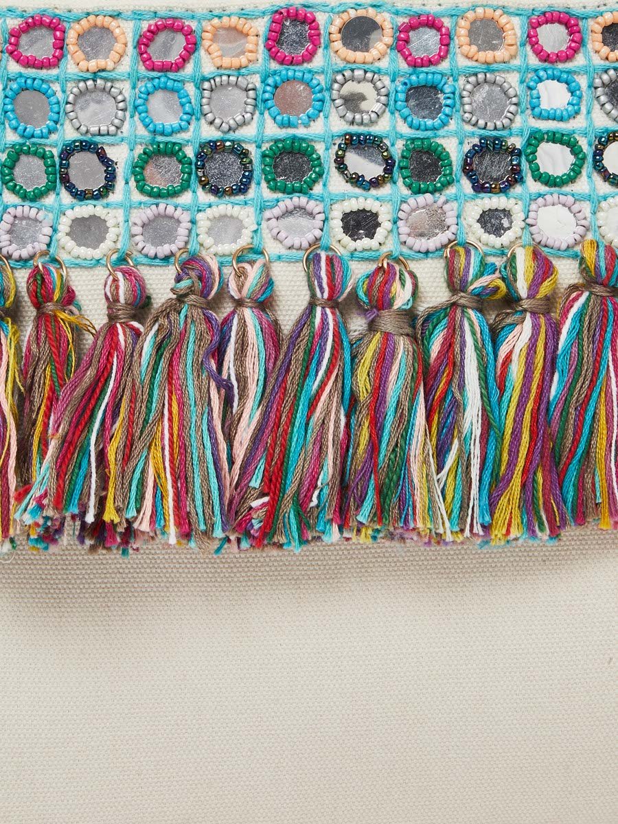 Embroidered Cotton Clutch with Tassels