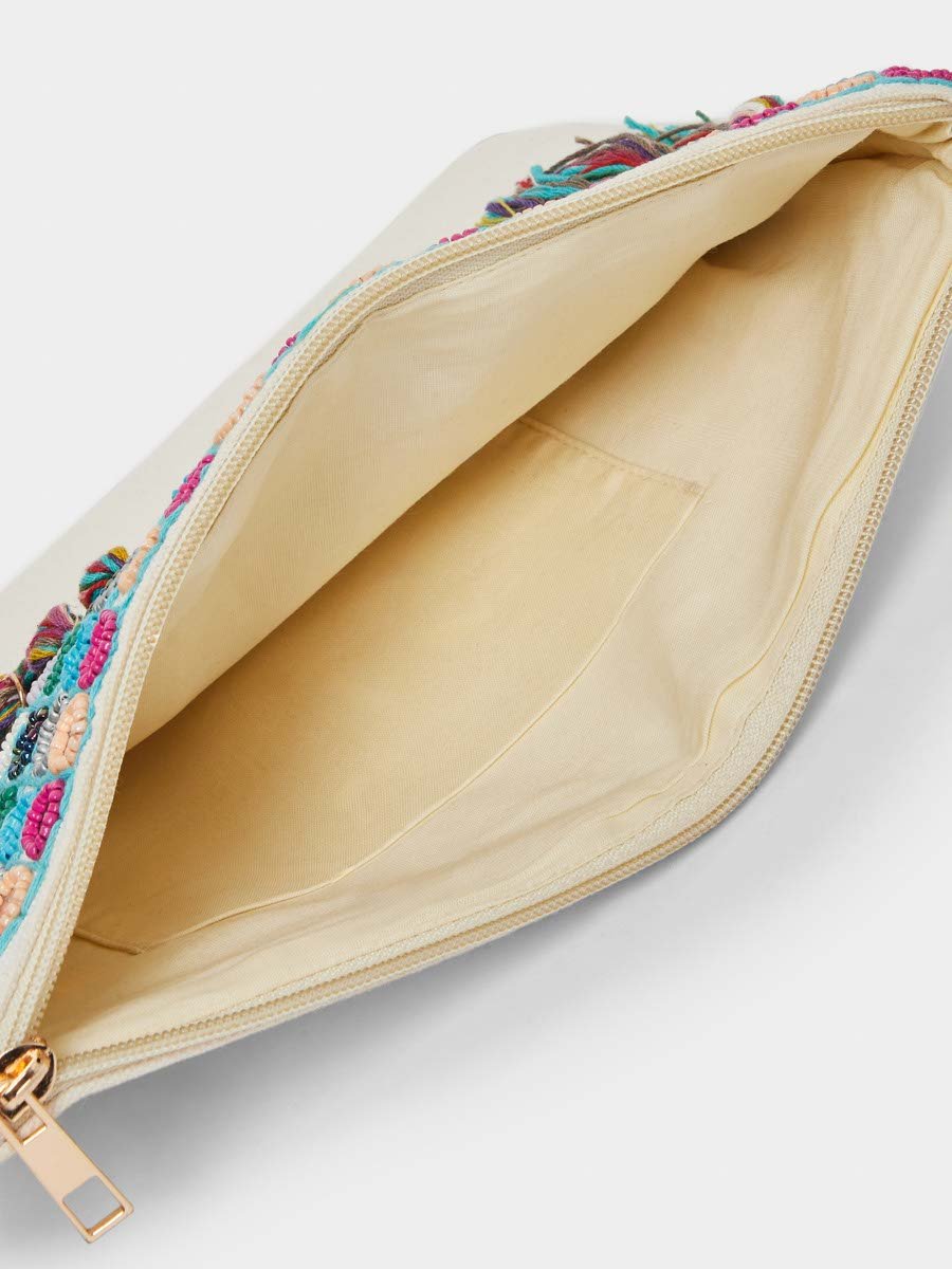 Embroidered Cotton Clutch with Tassels
