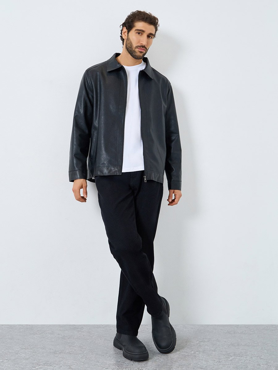 Men Relaxed Fit Leather Look Jacket with Collar