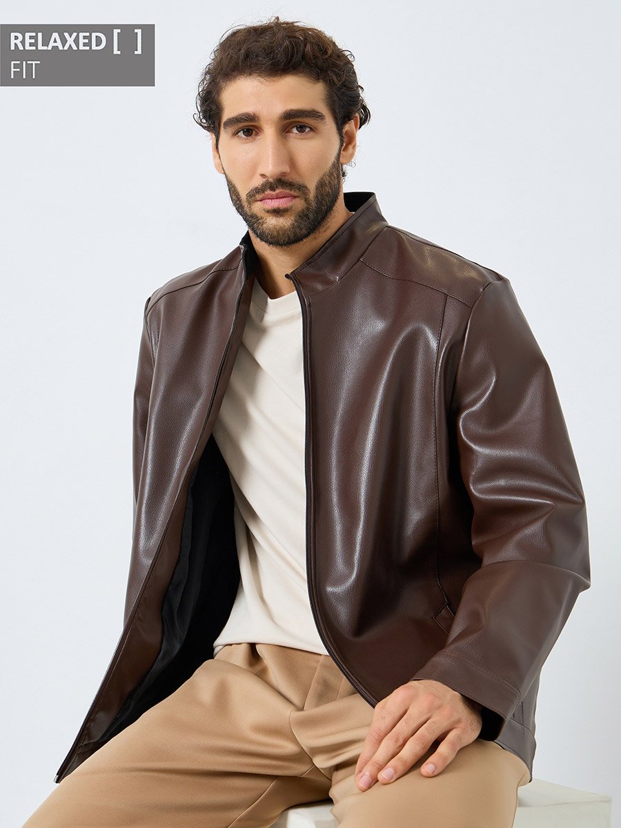 Men Relaxed Fit Leather Look Jacket with Zip