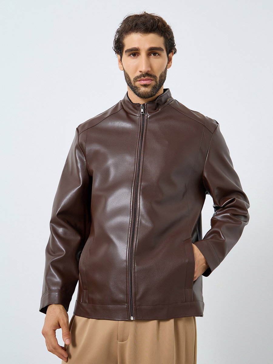 Men Relaxed Fit Leather Look Jacket with Zip