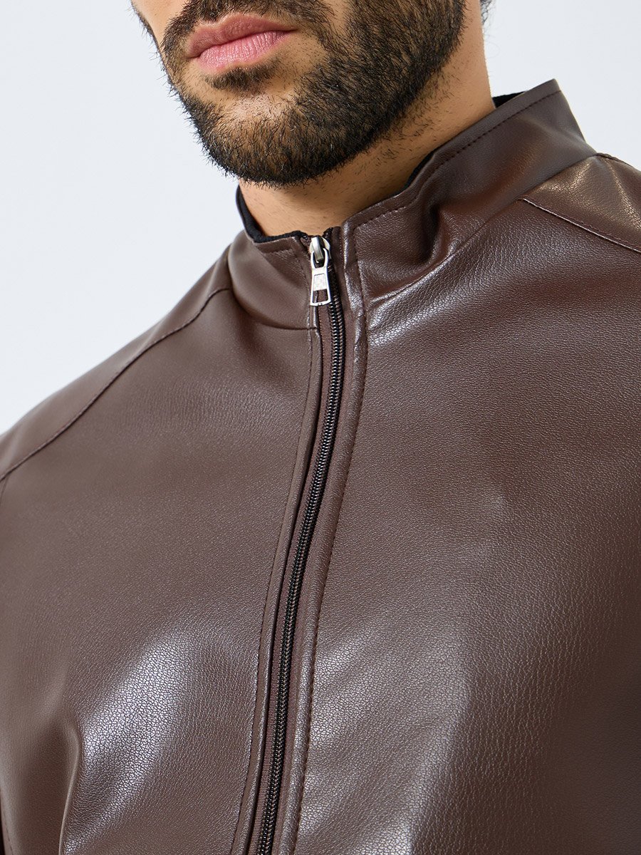 Men Relaxed Fit Leather Look Jacket with Zip