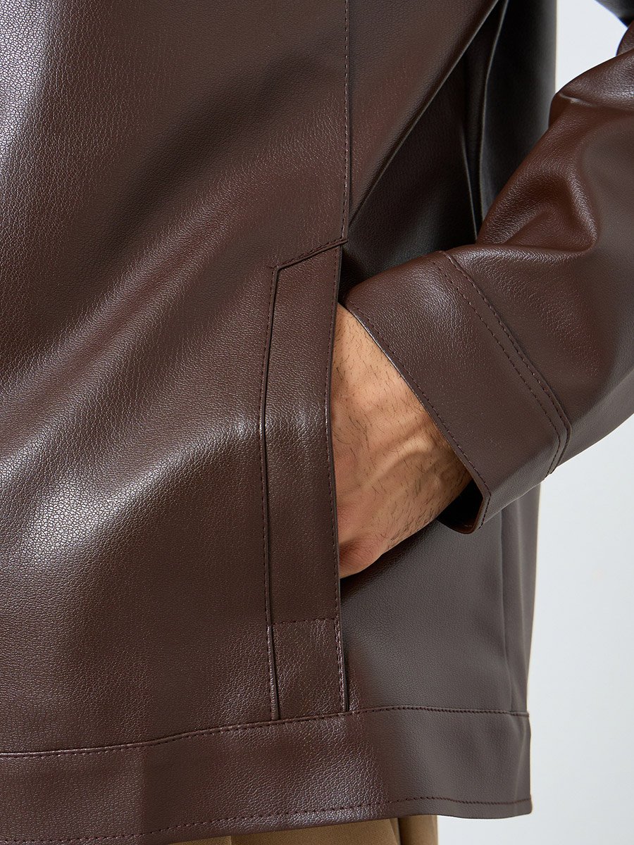 Men Relaxed Fit Leather Look Jacket with Zip
