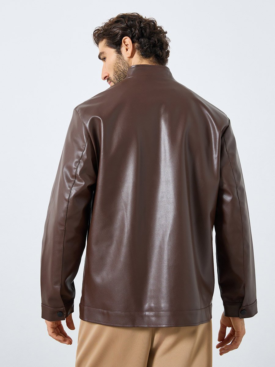 Men Relaxed Fit Leather Look Jacket with Zip