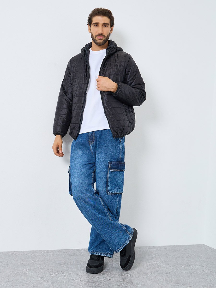 Men Black Oversized Puffer Jacket with Hood