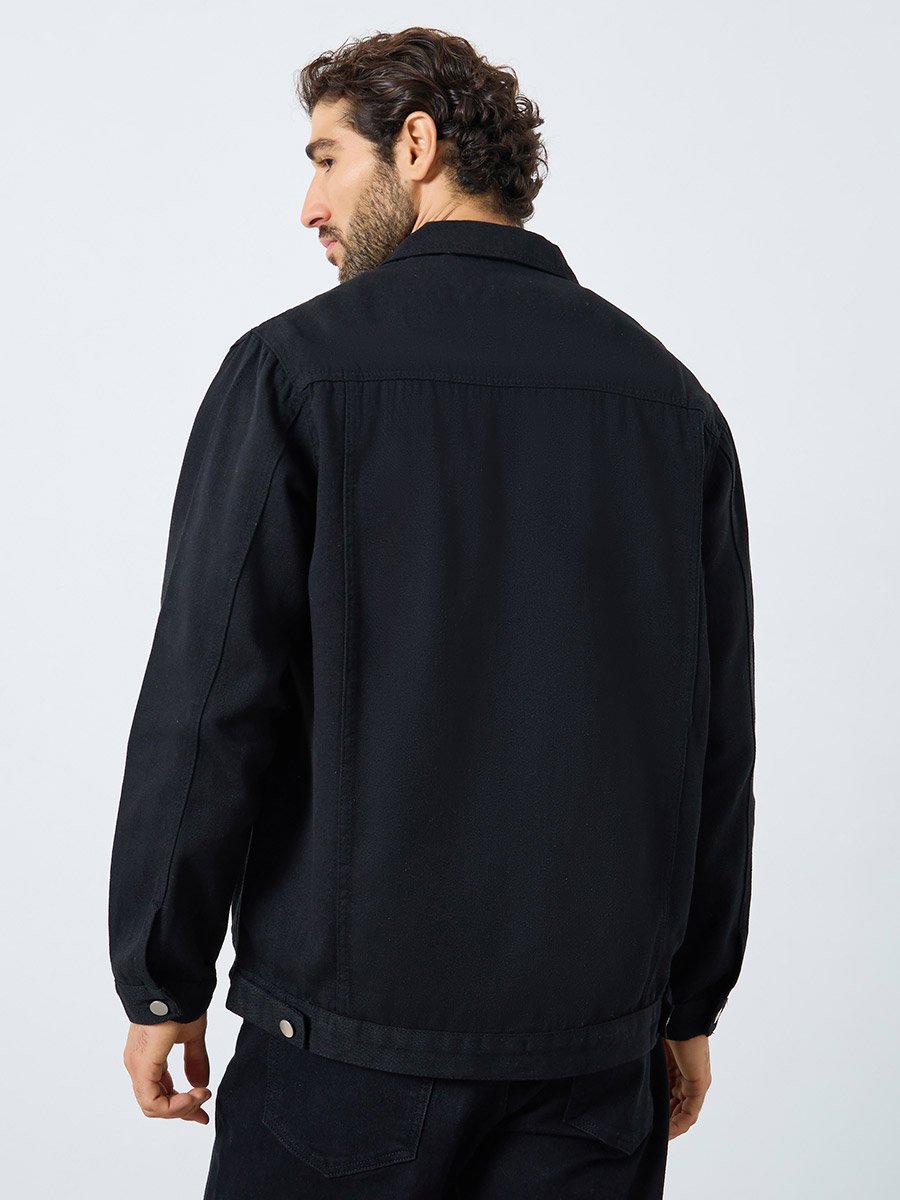 Men Black Oversized Denim Jacket with Flap Pocket
