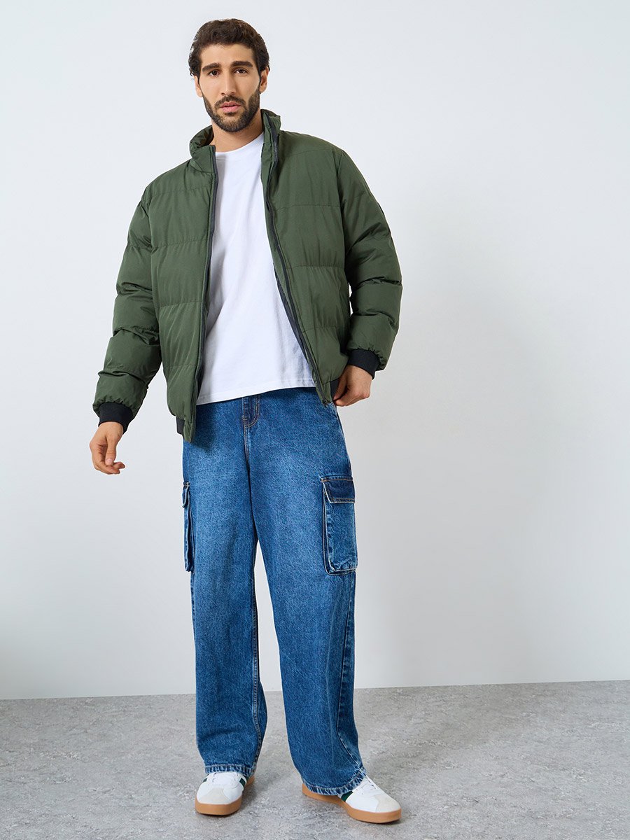 Men Olive Relaxed Fit Puffer Jacket