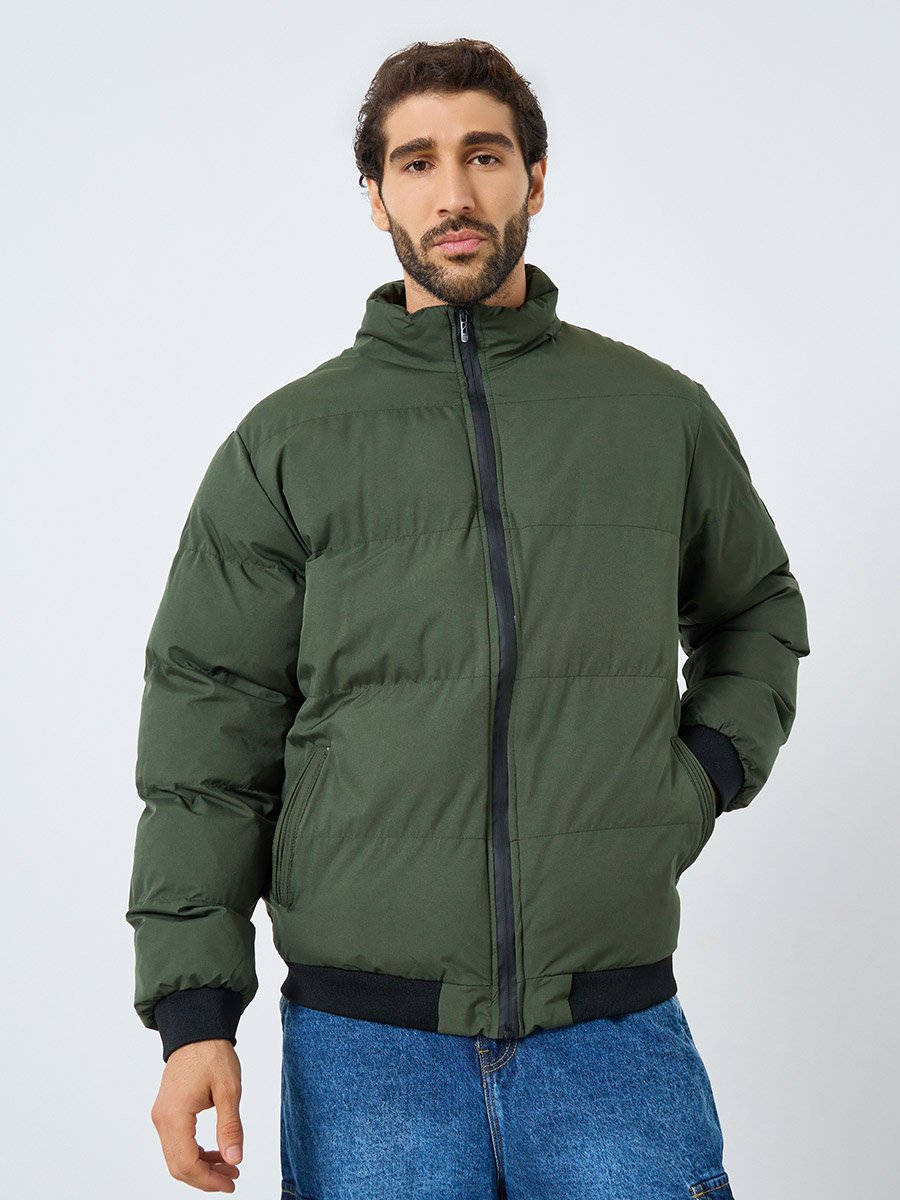 Men Olive Relaxed Fit Puffer Jacket