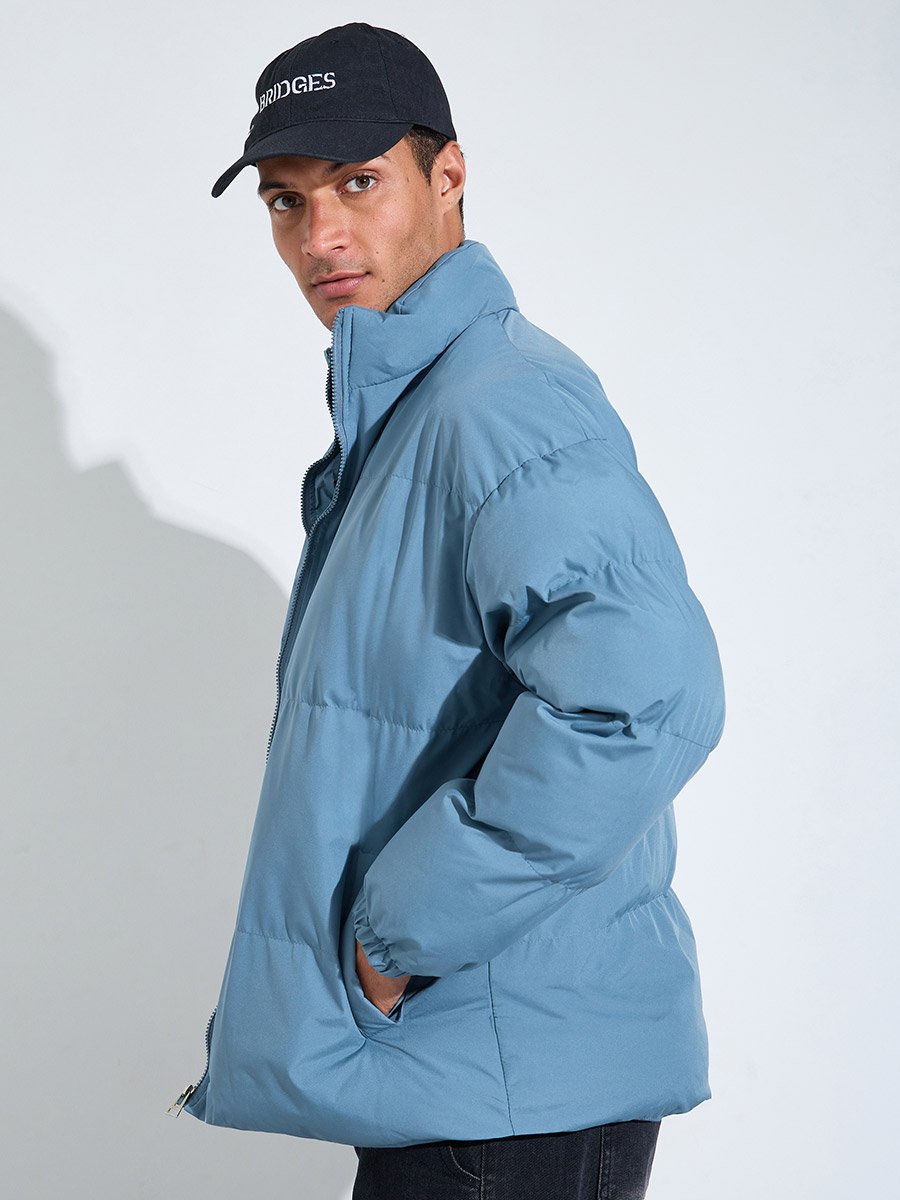 Men Blue Plain Oversized Puffer Jacket
